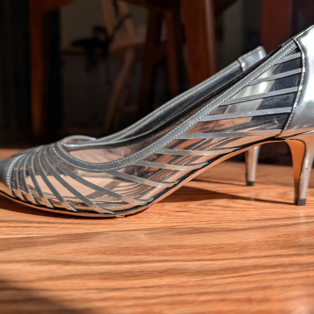 Giorgio Armani Silver Peep-Toe Heels with Kitten Heel